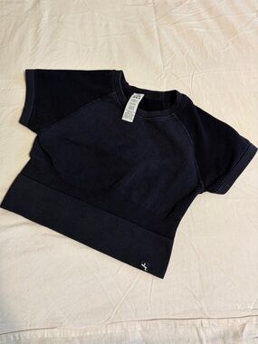 JoyLab Navy mesh weave sleeve seamless crop Top